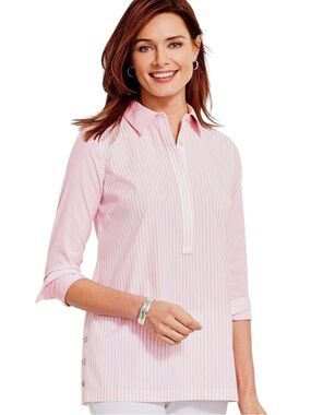 Talbots Women’s Pink Stripe Buttons-Side Non-Iron Perfect Tunic Shirt Size 14W
